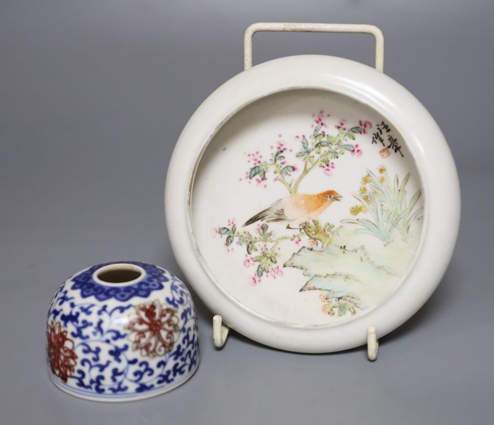 A Chinese porcelain brush holder, diameter 7cm and a Chinese enamelled shallow bowl, paintwork signed, 14cm